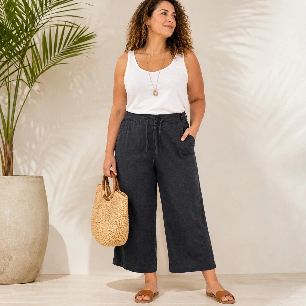 Lauren Ralph Lauren Black 100% Linen Wide Leg Cropped Drawstring Pants Size 12